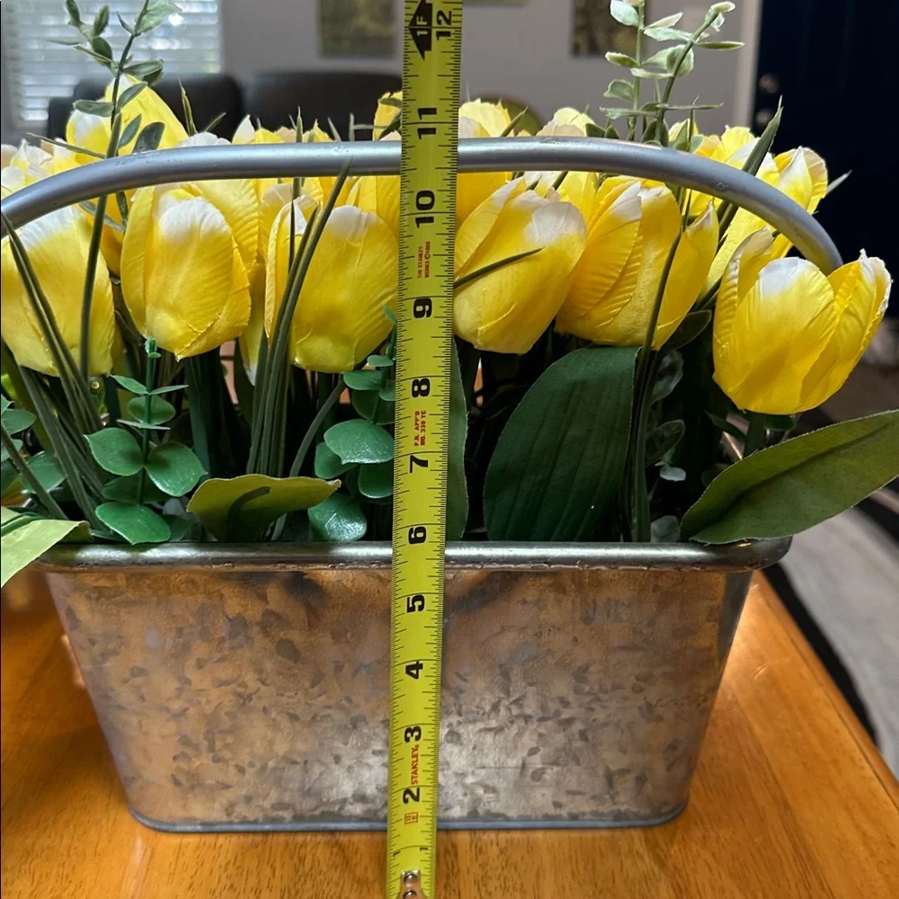 Yellow Tulip Faux Floral Arrangement in Galvanized Planter
